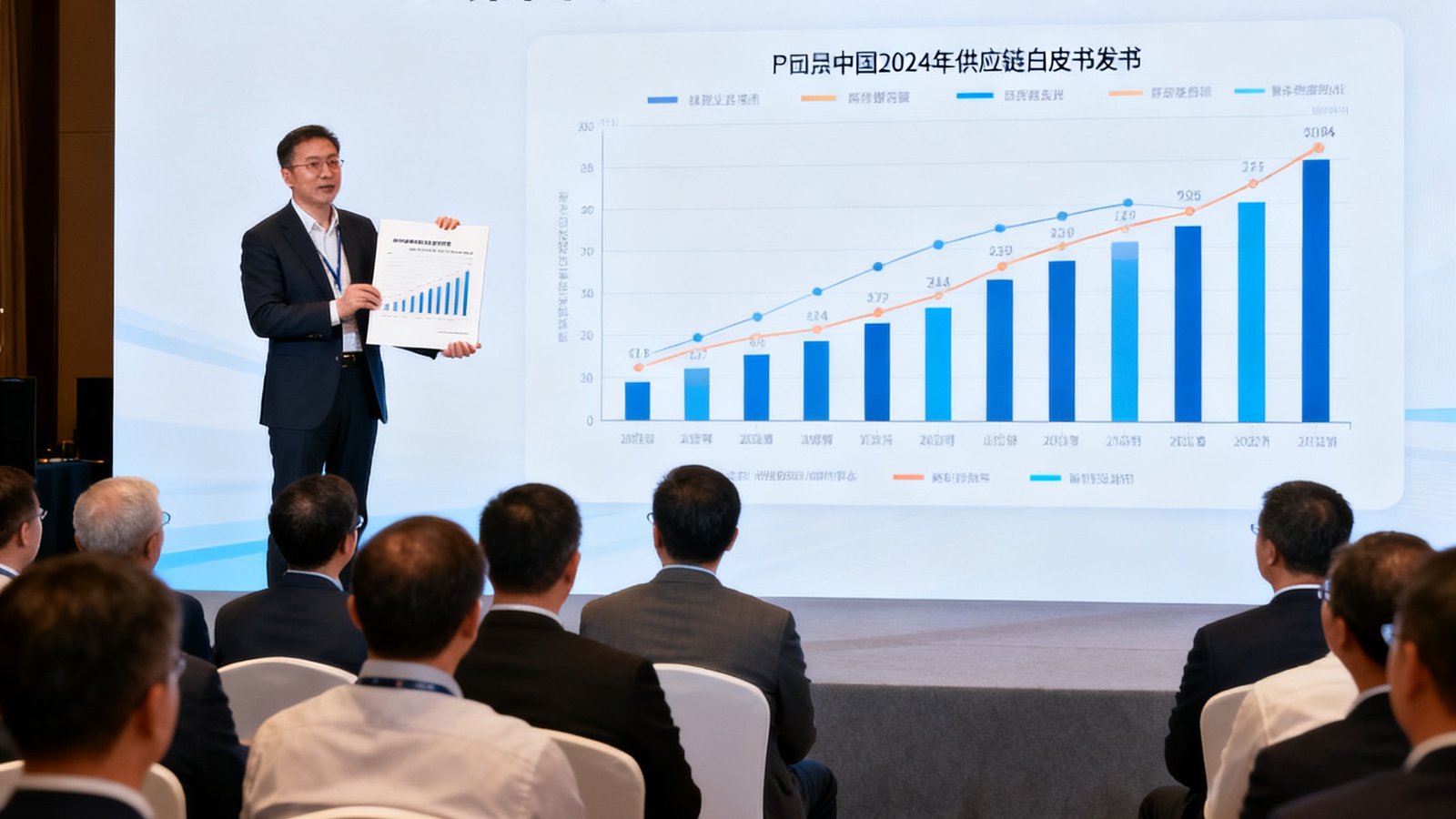 PA集团中国2024年供应链白皮书发布现场，演讲者在台上展示白皮书核心数据图表，台下坐满行业嘉宾