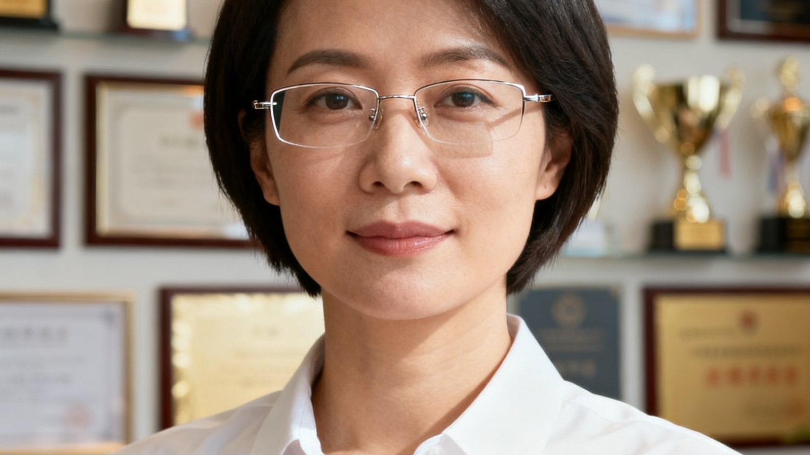 一位干练的女性企业管理者职业照，短发精干佩戴无框眼镜，身着白色商务衬衫，身后是企业荣誉墙
